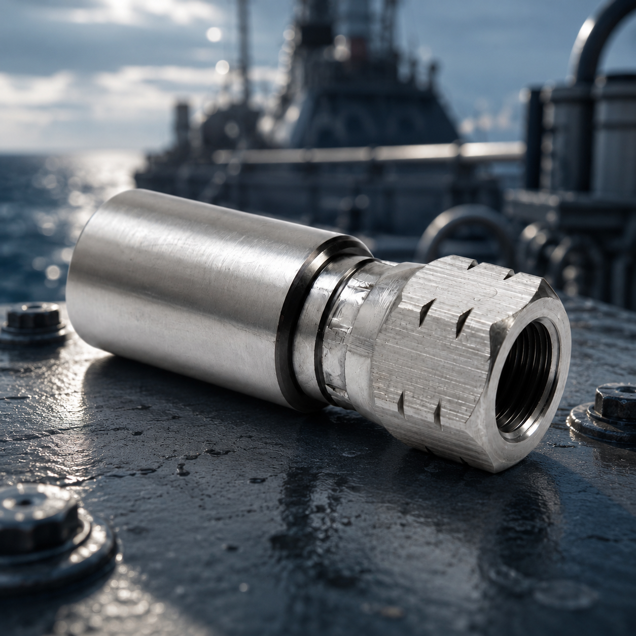 Marine stainless steel hose fitting on wet vessel deck