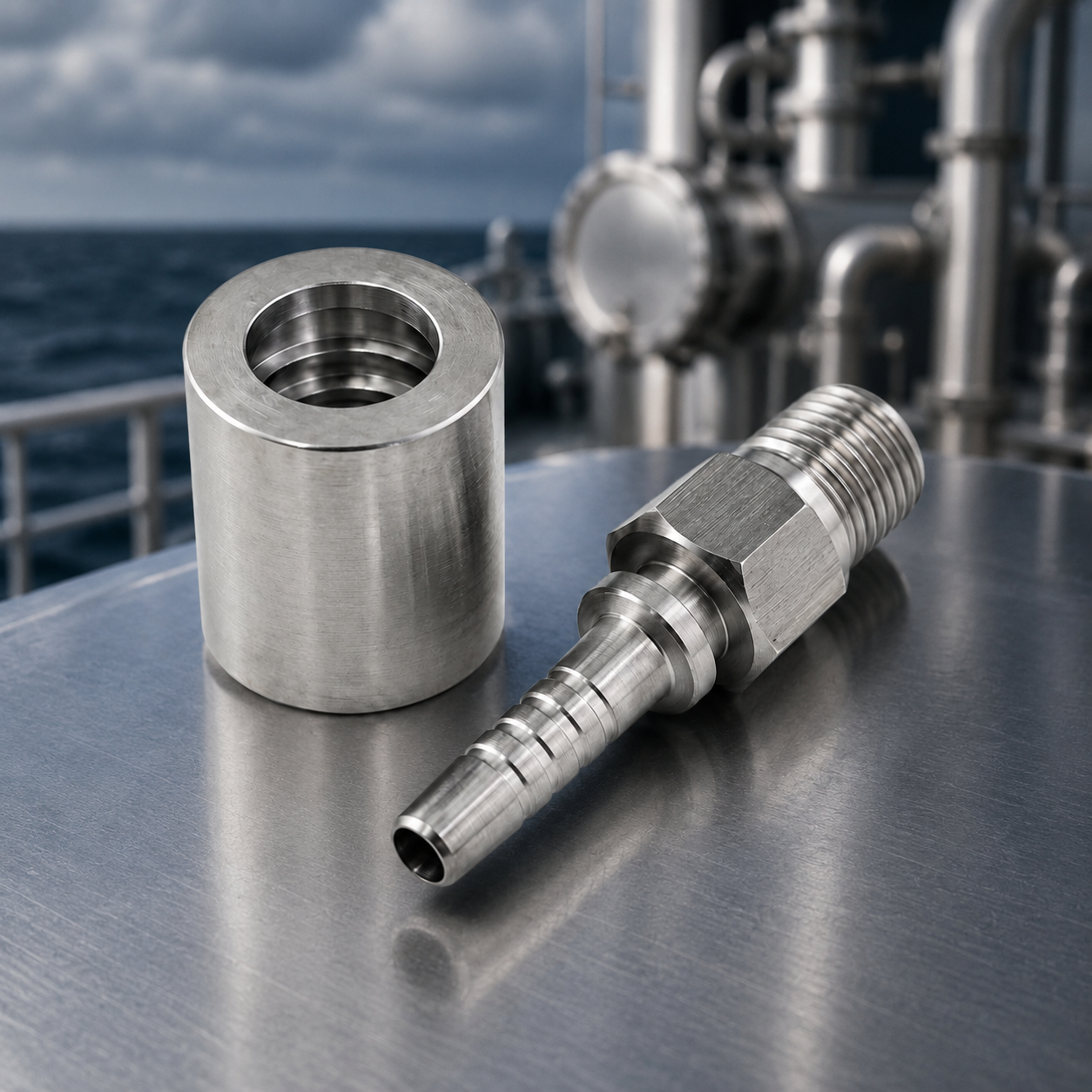 Marine stainless steel hose barb and sleeve